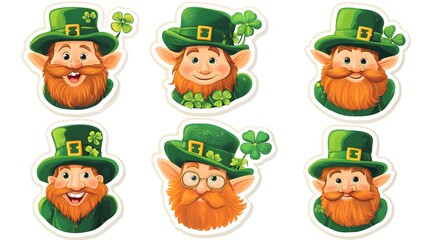 Cheerful leprechaun faces with hats and shamrocks for st. patrick's day design