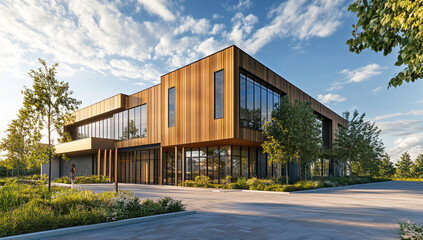 Fototapeta premium A modern house with an exterior wall made of wood and concrete, featuring two stories and large windows overlooking the street