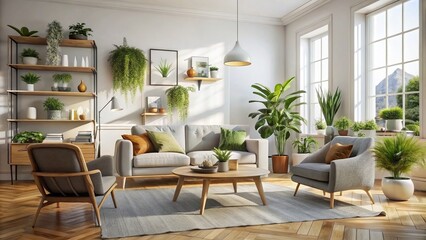 Fototapeta premium Modern Scandinavian Living Room with Armchair, Sofa, Wall Mockup, White Walls, and Indoor Plants in Ample Space, Long Exposure Effect for Contemporary Home Design Inspiration