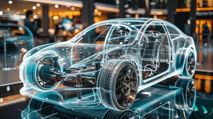 Fototapeta premium A striking transparent car model showcases intricate engineering details, captivating visitors at a bustling automotive exhibition in a sleek showroom
