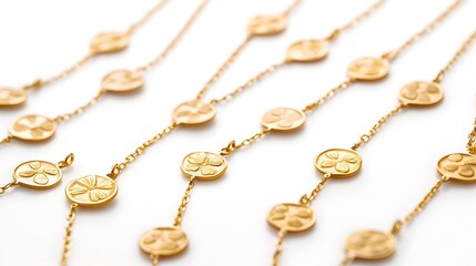 Fototapeta premium Elegant gold clover necklaces on white background with delicate chain details