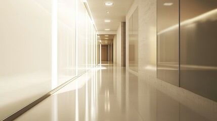 Fototapeta premium Modern hallway with glass partitions and sleek lighting, no people, ample space for text