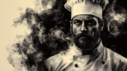 Bellissimo Chef Cook Sketch with Halftone Pattern in Red, Black and White