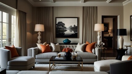 A spacious living room with a plush sofa, a coffee table, and a large painting on the wall.