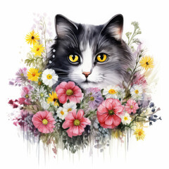 Beautiful Cat Among Colorful Flowers Illustration - Perfect for Home D?cor and Greeting Cards