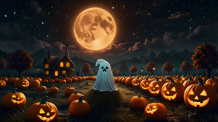 A hallowen ghost under a full moon surrounded by pumpkins