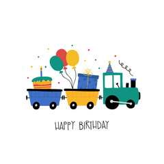Hand drawn happy birthday card with cute cartoon car steam train with birthday cap, balls, gifts, cake and lettering Happy Birthday. Vector illustration. Good for posters, t shirts, postcards.