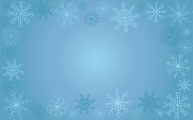 Magic background with snowflakes of different shapes. Snowfall, sky, white turquoise wallpaper