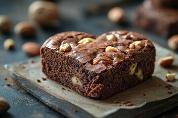 Indulge in the Irresistible Charm of a Heart-Shaped Brownie Topped with Nuts and Cocoa Bliss, Perfect for Any Dessert Lover's Delight.