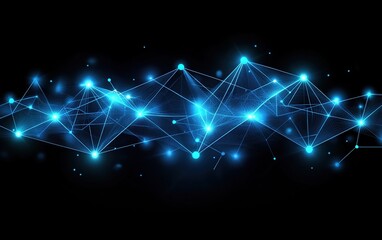Fototapeta premium Abstract blue glowing network with connecting lines and dots on a black background.