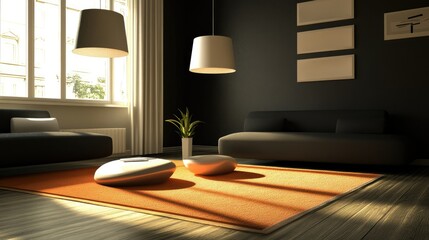 Modern living room with clean lines and sleek furniture, no people, room for copy text