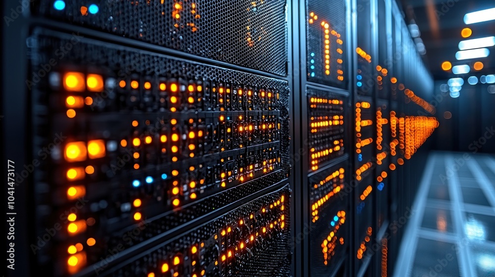 Poster Rows of Server Racks with Orange Indicator Lights