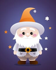 A cute, cartoonish gnome with a white beard and orange hat stands against a starry background, exuding a whimsical charm.