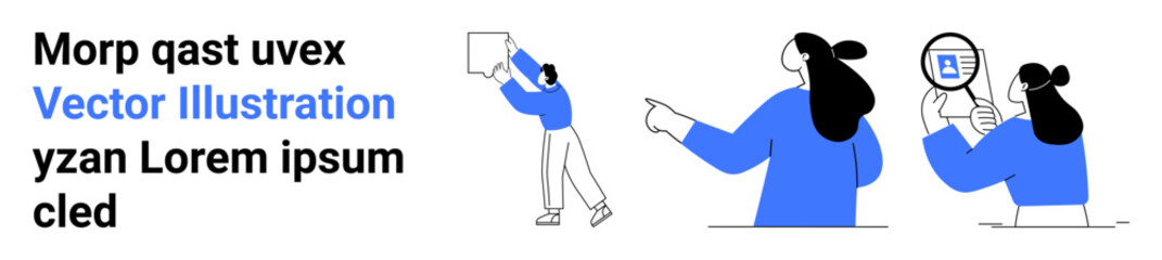 Woman holding a laptop, pointing towards a graph, examining data with a magnifying glass. Ideal for data analysis, presentation, communication, business strategy, educational materials. Landing page