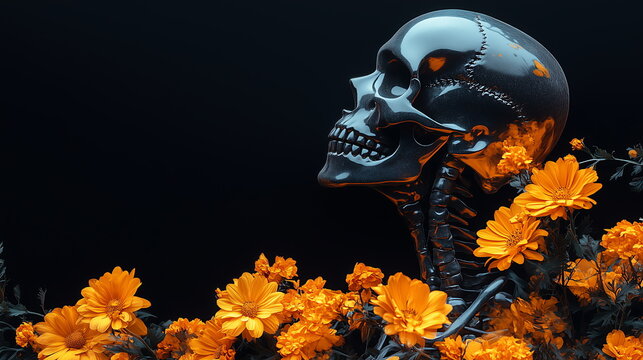 Transparent glossy spooky skeleton with orange flowers in black background. Eerie macabre and beauty. Artistic interpretation of death. Halloween event banner, poster, card, invitation, copy space