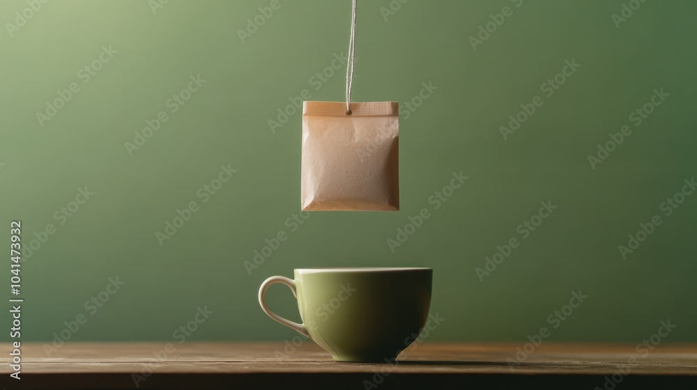 Poster a tea bag hangs above a green cup, gradually steeping as it touches the hot water, creating a warm a