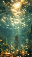 Naklejka premium A Dreamy Underwater Scene with Sunlight and Fish