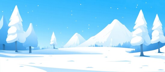Winter landscape, a simple flat vector illustration with a blue background and white snow on the ground. In the distance, snow-covered mountains in a cartoon style.