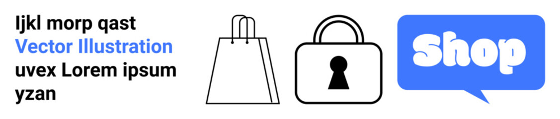 Shopping bag, lock, and speech bubble with word Shop. Ideal for online shopping, e-commerce, security, retail, consumer convenience. Landing page