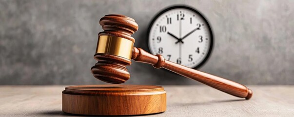 A gavel rests on a wooden block in front of a clock, symbolizing justice and the passage of time in legal proceedings.