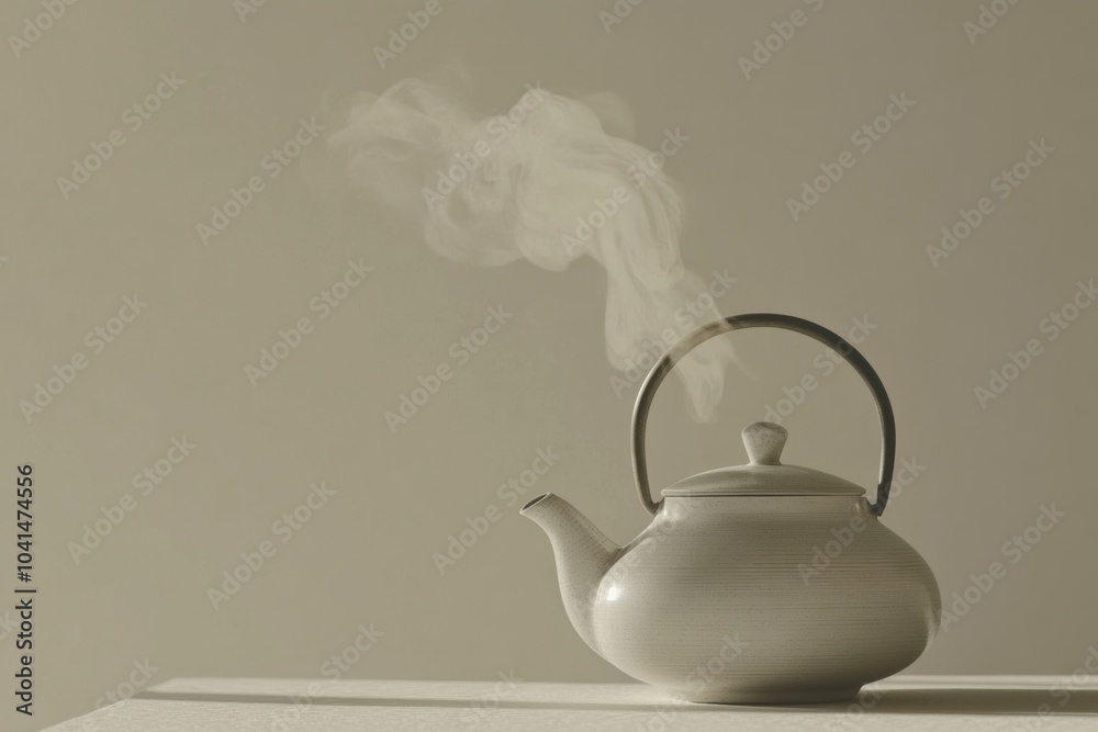 Poster a tea kettle emits thin steam lines, resting on a simple tabletop and enhancing the tranquil mood of