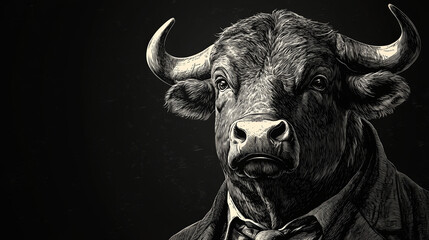 Naklejka premium Detailed Engraving of a Bull Head on a Stock Exchange Worker Businessman - Vintage Graphic Illustration