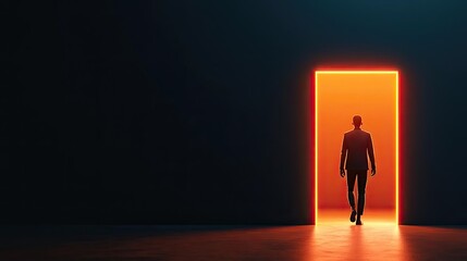 Obraz premium A silhouette of a man walking towards an illuminated door, symbolizing transition and hope in a dark environment.
