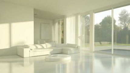 Fototapeta premium Modern living room with clean white furniture and large windows, no people, open space for text