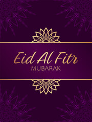 Obraz premium Golden text Eid Al Fitr Mubarak and abstract mandala decorations on purple background. Elegant festive design for greeting card, banner or poster to mark the end of Ramadan.