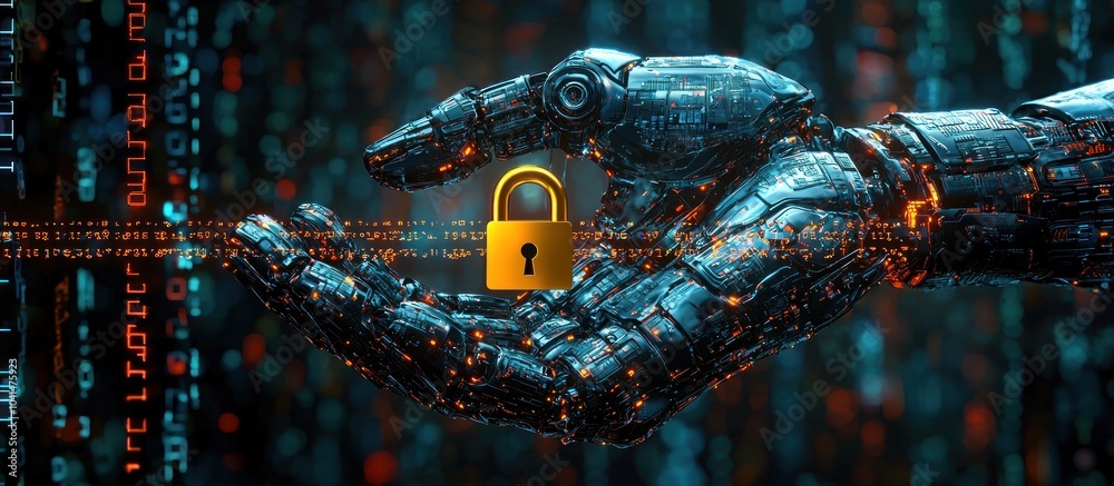 Aufkleber a robotic hand holding a golden padlock in front of a digital background