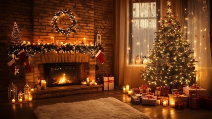 Fototapeta premium pleasant, nice evening in luxury Interior design of a Christmas room, a lit-up Christmas tree, and gifts fireplace lights, lanterns, candles, toys, and garland.living room for a holiday. Holidays.