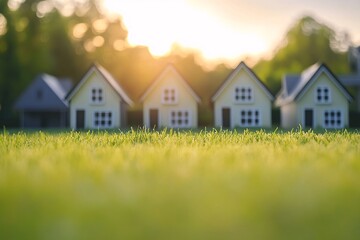 Miniature Houses on a Green Lawn at Sunset