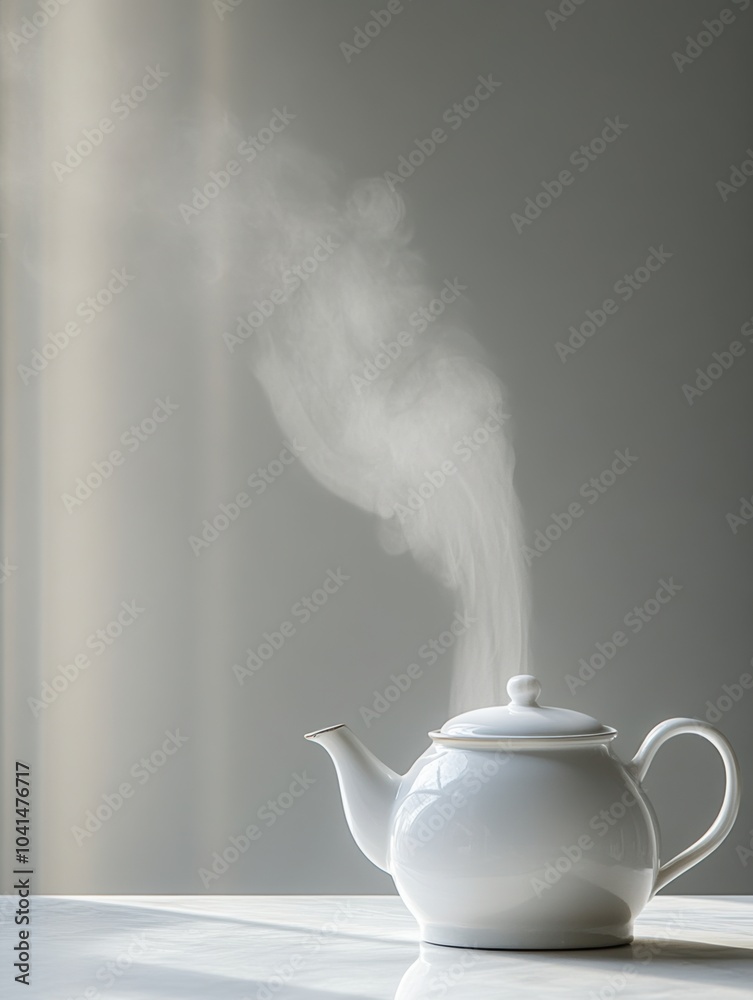 Poster a white tea kettle is seen emitting delicate steam in a tranquil, softly lit area, creating a calmin