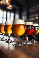 A row of glasses with different types and sizes of beer, arranged on the bar counter in an old-fashioned pub or restaurant. 