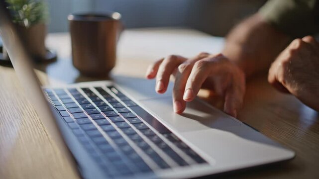 Freelancer hand swiping laptop touchpad in sunshine remote workplace closeup