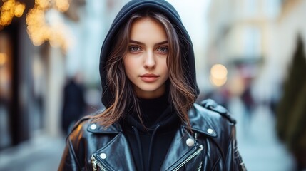 Fototapeta premium Young Woman in Urban Setting with Stylish Hoodie