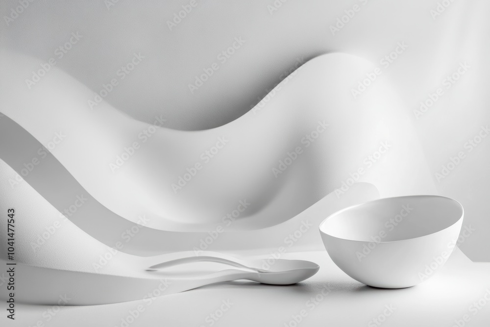 Poster A spoon and bowl are elegantly positioned on a smooth surface, surrounded by soft, flowing abstract shapes in a minimalist setting. Generative AI