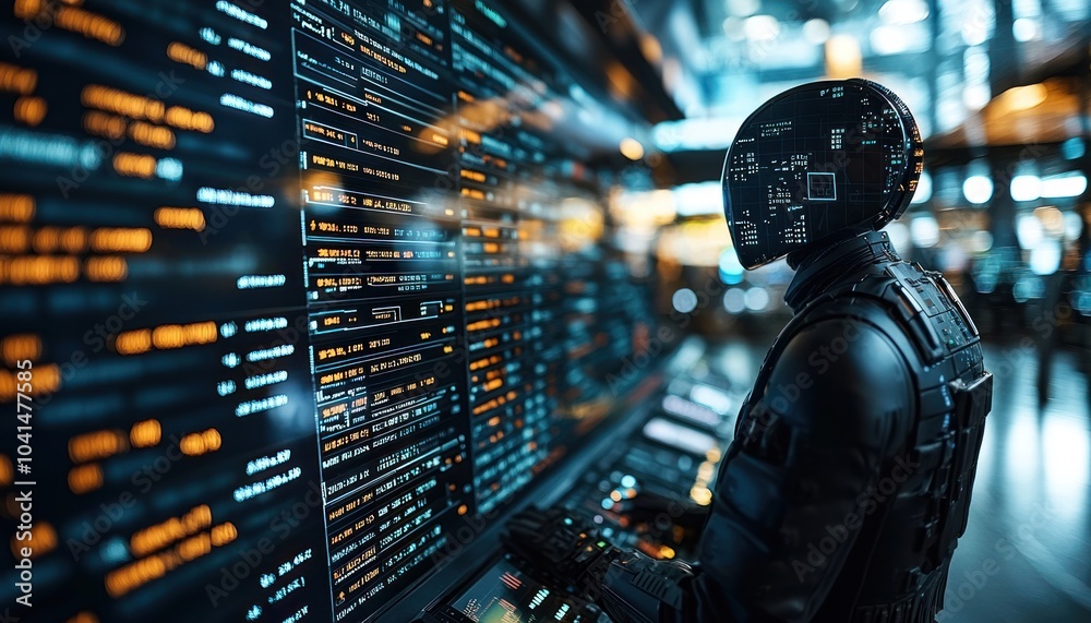 Poster futuristic cyborg interacting with a digital interface