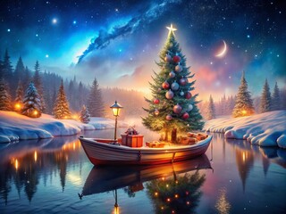 Fototapeta premium Surreal Colorful Art of a Boat with a Christmas Tree in a Magical Winter Landscape, Nighttime Snowy Scene, Dreamy Holiday Decor, Festive Atmosphere, Enchanting Winter Wonderland