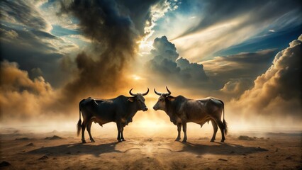 Naklejka premium Surreal Encounter: Two Black Oxen Facing Each Other in a Dusty Field, Capturing the Essence of Nature, Mystique, and Contrast in a Dreamlike Landscape