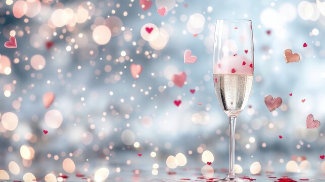 Elegant champagne glass with floating pink confetti hearts and dreamy sparkling bokeh, perfect for romantic celebrations, Valentine's Day, wedding invitations and other sophisticated events
