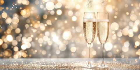 Two champagne flutes filled with bubbly golden sparkling wine against a festive bokeh backdrop, perfect for celebrations like weddings, anniversaries, New Year's, or other elegant special events