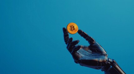 Robotic hand holding digital coin, finance innovation, 3D illustration.