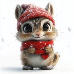 Obraz premium Adorable Chipmunk in Winter Wonderland Wearing Red Knit Hat and Scarf.