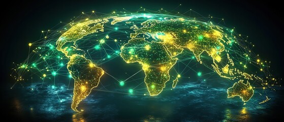 Futuristic digital rendering of the Earth with glowing lines, representing global communication and connections.