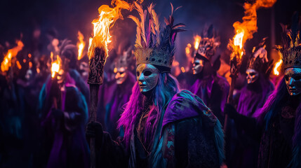 Fototapeta premium Illustration of people dressed as characters attending a medieval festival, wearing masks and holding torches, mysterious atmosphere 