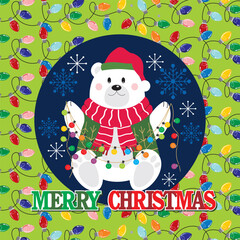 Christmas card design with cute polar bear and christmas lights