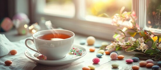 Fototapeta premium Tea In A Cup And Candies On A Table Selective Focus