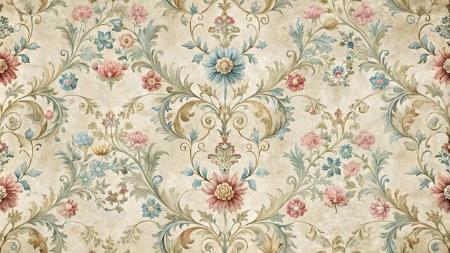 Ornate floral patterns intertwine with delicate foliage on a textured backdrop, creating a timeless and elegant design.