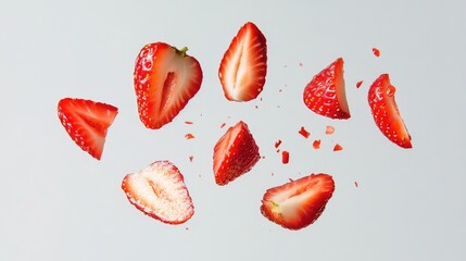 Sliced strawberries suspended in mid air against a white backdrop Strawberry fragments floating